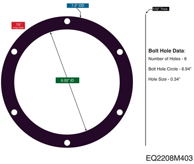 Garlock 2900 NBR Custom Full Face Gasket - 6" ID x 7.5" OD x 1/32" - (6) .34" Holes on 6.94" BC