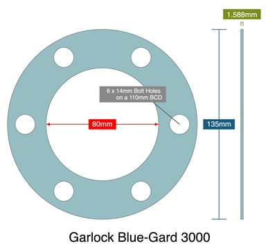 Garlock 3000 Full Face - 1/16" Thick - 80 MM ID x 135 MM OD - 6 x 14MM Holes on a 110MM BCD