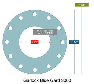 Garlock Blue-GardÂ® 3000 Custom FF Gasket - 1/64" x 6.5" x 13.25" (12, 13/16" BH on 11.5" BC)