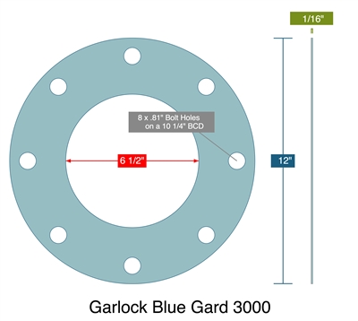 Garlock Blue-GardÂ® 3000 Custom FF Gasket - 1/16" x 6.5" x 12" (8, 13/16" BH on 10.25" BC)