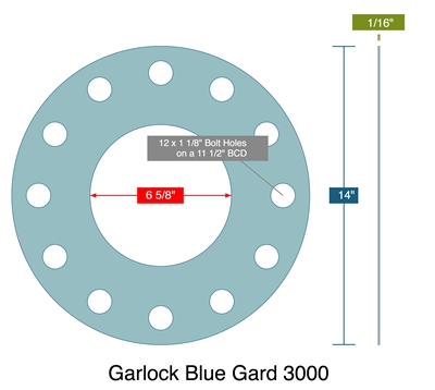 Garlock 3000 NBR Full face Gasket - 600 Lb. - 1/16" Thick - 6" Pipe