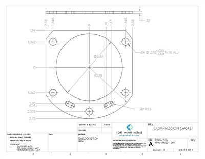 Garlock GylonÂ® 3504 Blue PTFE - Gasket Per DWG RM60-1249 - 1/8" Thick