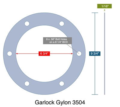 Garlock GylonÂ® 3504 Blue PTFE Full Face - 1/16" x 6-3/4" ID x 9-3/4" OD