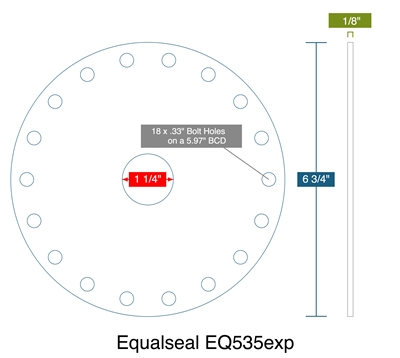 Equalseal EQ 535 Custom Full Face Gasket - 1/8" x 1.25" ID x 6.75" OD Per Drawing