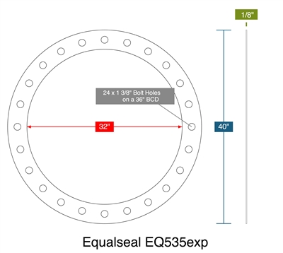 Equalseal EQ 535 Custom Full Face Gasket - 1/8" Thick - 32" ID x 40" OD (24) 1.375" Holes On 36" BC