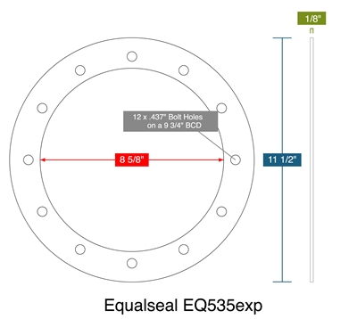 Equalseal EQ 535 Custom Full Face Gasket - 8.625" ID x 11.5" OD x 1/8" Thick (12) 7/16" Holes On 9.75" BC