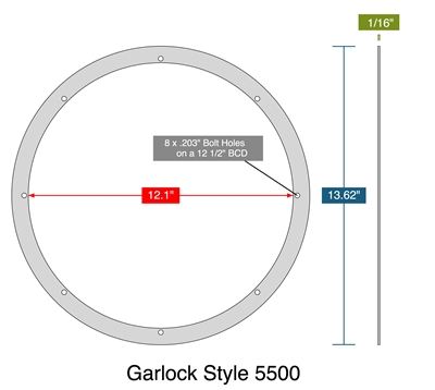 Garlock Style 5500 - Full Face Gasket -  1/16" Thick - 12.1" ID - 13.62" OD - 8 x .203" Holes on a 12.5" Bolt Circle Diameter