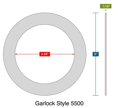 Garlock Style 5500 - Ring Gasket -  1/16" Thick - 3.58" ID - 5" OD