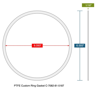 Virgin PTFE Custom Ring Gasket - 1/16" Thick x 6.093" x 6.593"