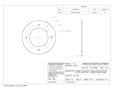 EQ 750G N/A NBR Full Face Gasket - Per Dwg # 100-103008 - 5.38" ID x 9.75" OD x 1/8" Thick (4) .45" Holes On 7.28" BC