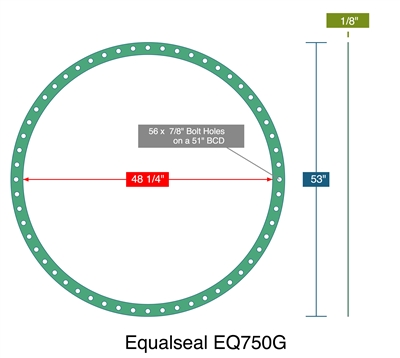 EQ 750G Full Face Gasket - 1/8" Thick  x  48-1/4" x 53" - (56) 7/8" BH on 51" BHC