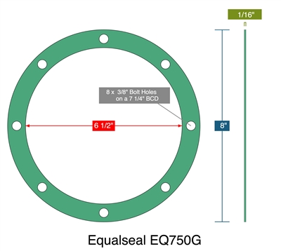 EQ 750G Custom FF Gasket - 1/16" Thick x 6-1/2" ID x 8" OD - (8) 3/8" BH / 7.25" BC