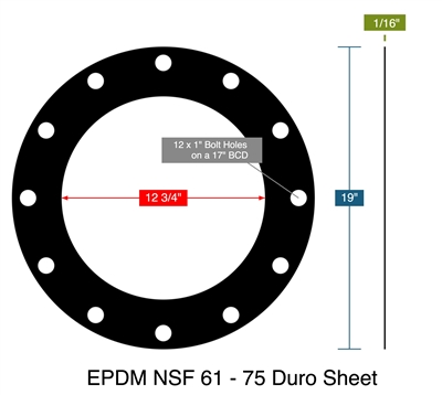 Garlock Style 98206 EPDM - 75 Duro Sheet -  1/16" Thick - Full Face Gasket - 150 Lb. - 12"