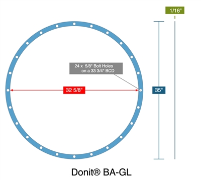 DonitÂ® BA-GL - Full Face Gasket -  1/16" Thick - 32.62" ID - 35" OD - 24 x .625" Holes on a 33.75" BCD - 2 Segments