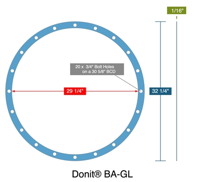 DonitÂ® BA-GL - Dovetailed FF Gasket -  1/16" Thick - 29.25" ID - 32.25" OD - 20 x .75" Holes on a 30.625" BC - 2 Segments