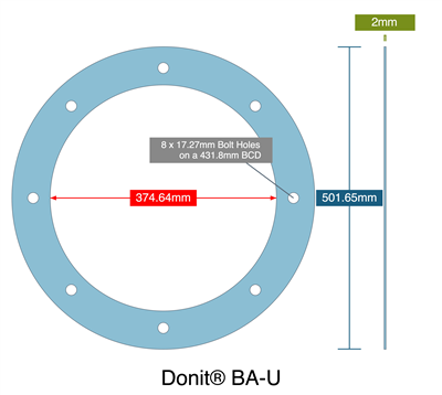 DonitÂ® BA-U - 2mm Thick - Full Face Gasket - 374.64mm ID - 501.65mm OD - 8 x 17.27mm Holes on a 431.8mm Bolt Circle Diameter
