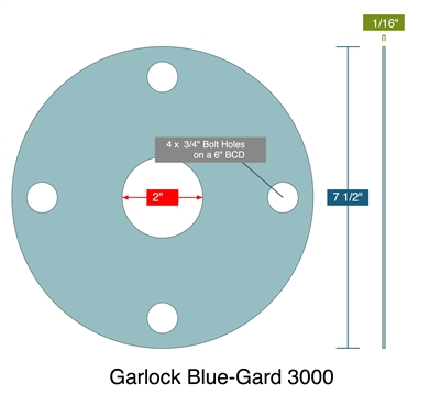 Garlock Blue-Gard 3000 - Full Face Gasket -  1/16" Thick - 2.0" ID - 7.50" OD - 4 x .75" Holes on a 6" Bolt Circle Diameter