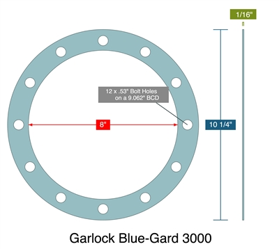 Garlock Blue-Gard 3000 - Full Face Gasket -  1/16" Thick - 8" ID - 10.25" OD - 12 x .53" Holes on a 9.062" Bolt Circle Diameter