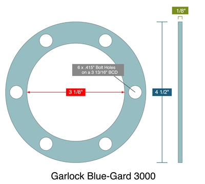 Garlock Blue-Gard 3000 -  1/8" Thick - Full Face Gasket - 3.125" ID - 4.5" OD - 6 x .415" Holes on a 3.8125" Bolt Circle Diameter
