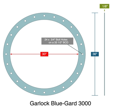 Garlock Blue-Gard 3000 -  1/8" Thick - Full Face Gasket - 30" ID - 36" OD - 24 x .75" Holes on a 33.5" Bolt Circle Diameter