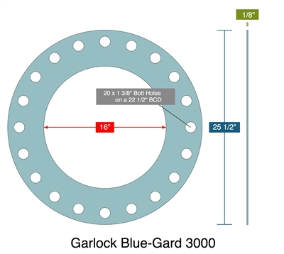 Garlock Blue-Gard 3000 -  1/8" Thick - Full Face Gasket - 300 Lb. - 16"