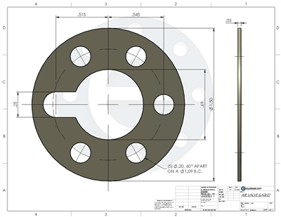 Garlock Blue-Gard 3200 -  1/32" Thick - Full Face Gasket - .69" ID - 1.5" OD - 5 x .2" Holes on a 1.09" Bolt Circle Diameter with Tabbed Cutout