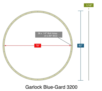 Garlock Blue-Gard 3200 - Full Face Gasket -  1/16" Thick - 78" ID - 82" OD - 36 x .5" Holes on a 80" Bolt Circle Diameter