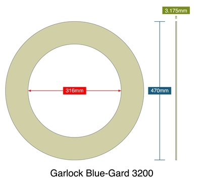 Garlock Blue-Gard 3200 - 3.18mm Thick - Ring Gasket - 316mm ID - 470mm OD