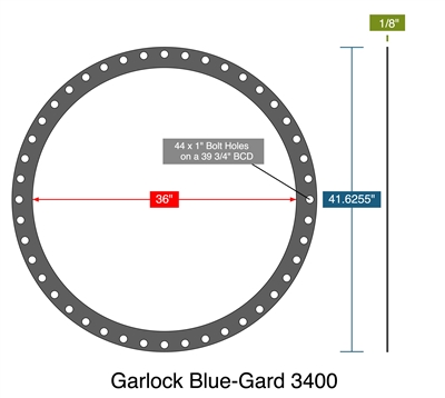 Garlock Blue-Gard 3400 -  1/8" Thick - Full Face Gasket - 150 Lb. - 36" Series B 