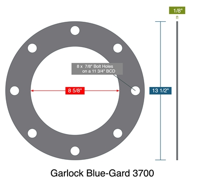 Garlock Blue-Gard 3700 - Full Face Gasket -  1/8" Thick - 150 Lb - 8"