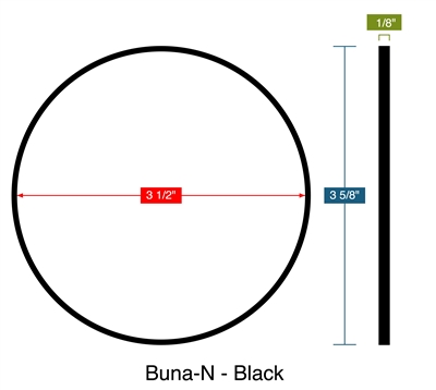 Buna-N - 60 Durometer - Ring Gasket -  3.5" ID x 3.625" OD x 1/8" Thick