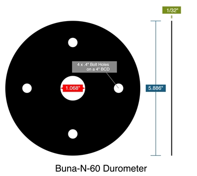 Buna-N-60 Durometer -  1/32" Thick - Full Face Gasket - 1.068" ID - 5.886" OD - 4 x .4" Holes on a 4" Bolt Circle Diameter