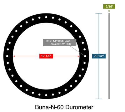Buna-N-60 Durometer -  3/16" Thick - Full Face Gasket - 17.5" ID - 22.5" OD - 36 x .5" Holes on a 21" Bolt Circle Diameter