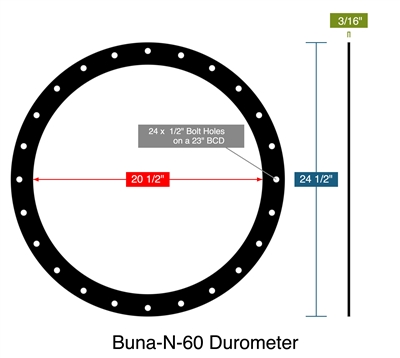 Buna-N-60 Durometer -  3/16" Thick - Full Face Gasket - 20.5" ID - 24.5" OD - 24 x .5" Holes on a 23" Bolt Circle Diameter