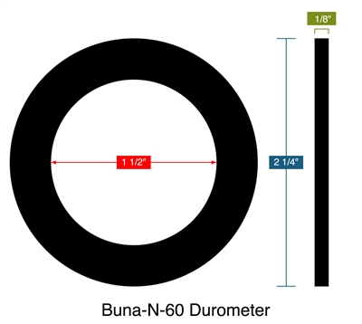 Buna-N-60 Durometer -  1/8" Thick - Ring Gasket - 1.5" ID - 2.25" OD
