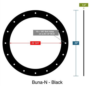 60 Duro Buna-N Custom Ring Gasket - 1/4" x 22.75" ID x 29" OD -16 x 5/8" Bolt Holes on a 26.5" BCD