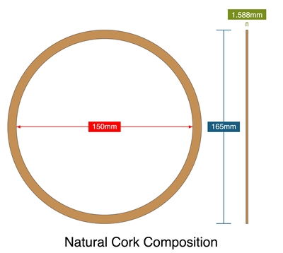 Natural Cork Composition - 1.59mm Thick - Ring Gasket - 150mm ID - 165mm OD