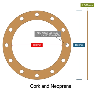 Cork and Neoprene - Full Face Gasket - 1.59mm Thick - 100mm ID - 136mm OD - 12 x 7.2mm Holes on a 120.65mm Bolt Circle Diameter