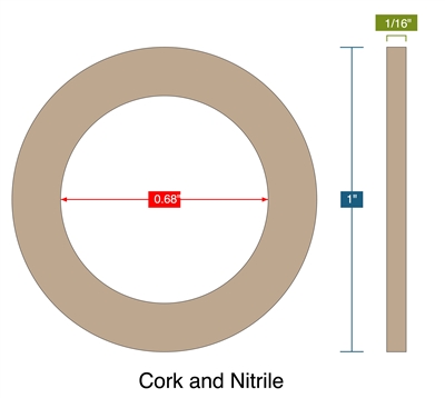 Cork and Nitrile -  1/16" Thick - Ring Gasket - .68" ID - 1" OD