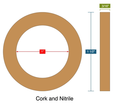 Cork and Nitrile -  3/16" Thick - Ring Gasket - 1" ID - 1.5" OD