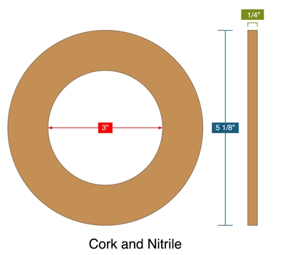Cork and Nitrile - Ring Gasket -  1/4" Thick - 3" ID - 5.125" OD