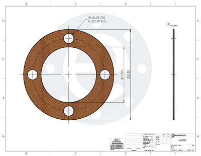 Cork/Neoprene Custom Gasket - 1/32" Thick - Per Drawing #123703