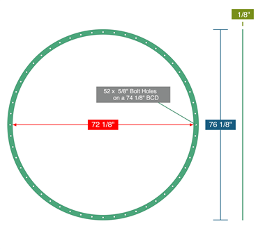 DXSeal 660 - Once Pc Full Face Gasket -  1/8" Thick - 72.125" ID - 76.125" OD - 52 x .625" Holes on a 74.125" Bolt Circle Diameter