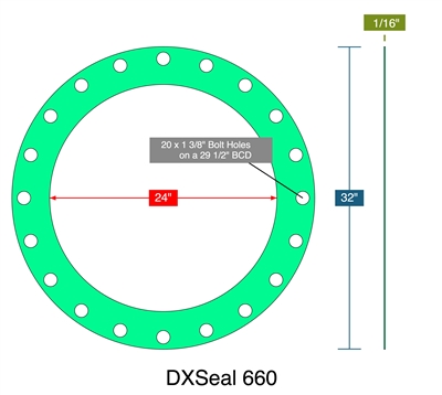 DXSeal 660 - Full Face Gasket -  1/16" Thick - 24" ID - 32" OD - 20 x 1.375" Holes on a 29.5" Bolt Circle Diameter