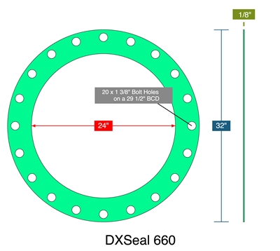 DXSeal 660 - Full Face Gasket -  1/8" Thick - 24" ID - 32" OD - 20 x 1.375" Holes on a 29.5" Diameter Bolt Circle