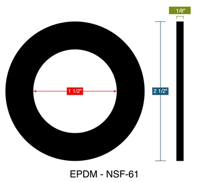 75 Duro EPDM NSF-61 Gasket - 1/8" Thick x 1-1/2" ID x 2-1/2" OD