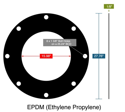 EPDM (Ethylene Propylene) -  1/8" Thick - Full Face Gasket - 15.98" ID - 27.76" OD - 8 x 1.375" Holes on a 25.24" Bolt Circle Diameter