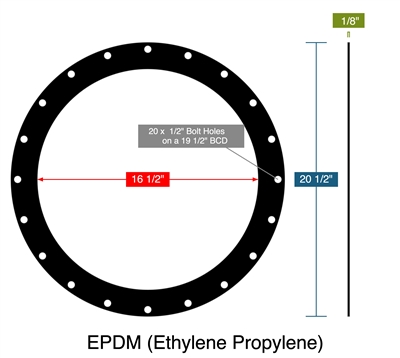 Peroxide Cured EPDM  - Full Face Gasket -  1/8" Thick - 16.5" ID - 20.5" OD - 20 x .5" Holes on a 19.5" Bolt Circle Diameter