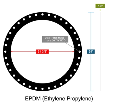 EPDM (Ethylene Propylene) -  1/8" Thick - Full Face Gasket - 31.375" ID - 39" OD - 36 x 1" Holes on a 36.875" Bolt Circle Diameter
