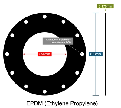 EPDM (Ethylene Propylene) - 3.18mm Thick - Full Face Gasket - 356mm ID - 673mm OD - 12 x 29mm Holes on a 610mm Bolt Circle Diameter